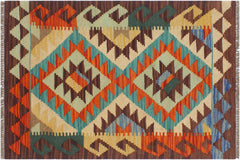 handmade Geometric Kilim Rust Brown Hand-Woven RECTANGLE 100% WOOL area rug 2' x 3'