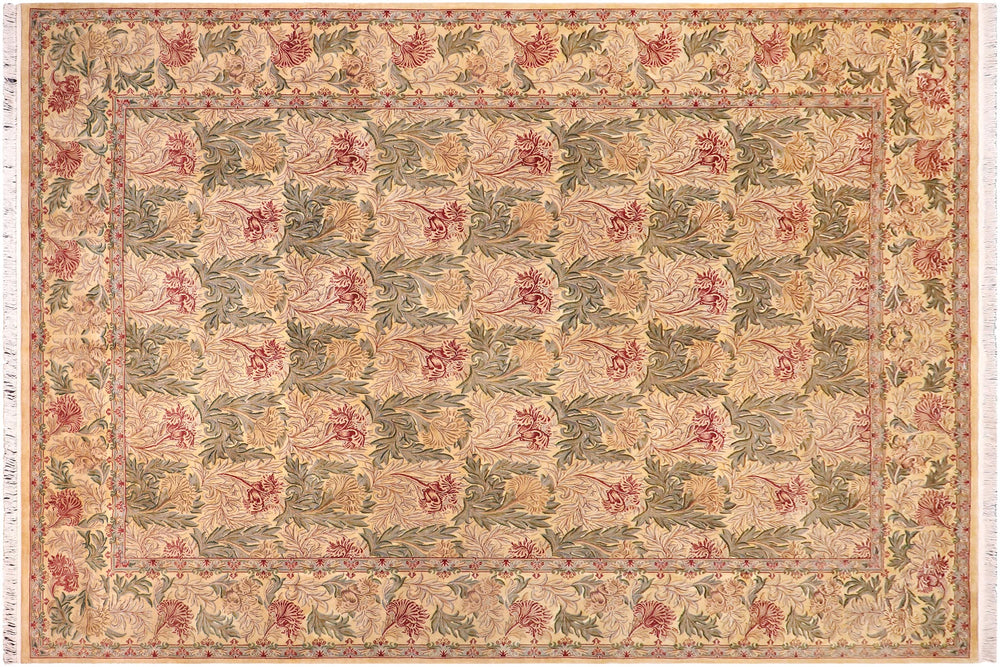 handmade Transitional Tulip Gold Green Hand Knotted RECTANGLE 100% WOOL area rug 10x14