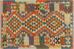 handmade Geometric Kilim Rust Blue Hand-Woven RECTANGLE 100% WOOL area rug 3' x 4'
