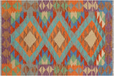3x5 hand woven Turkish Kilim wool rug in blue and rust - Chic Turkish Tabatha