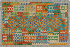 handmade Geometric Kilim Gold Blue Hand-Woven RECTANGLE 100% WOOL area rug 3' x 5'