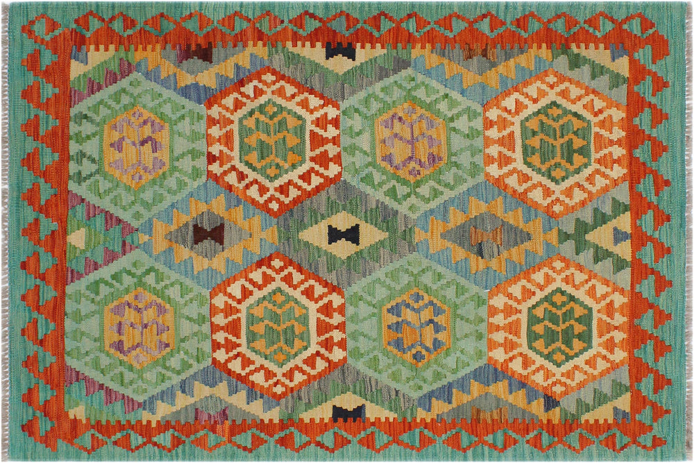 handmade Geometric Kilim Rust Green Hand-Woven RECTANGLE 100% WOOL area rug 3 x 5