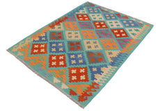 handmade Geometric Kilim Blue Rust Hand-Woven RECTANGLE 100% WOOL area rug 4 x 6