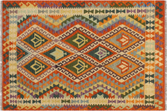 handmade Geometric Kilim Beige Rust Hand-Woven RECTANGLE 100% WOOL area rug 4 x 6