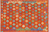 5x6 hand woven Turkish Modern Kilim wool rug in rust and blue - Turkish Bohemian Adell