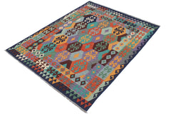 handmade Geometric Kilim Rust Blue Hand-Woven RECTANGLE 100% WOOL area rug 6 x 8