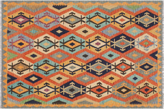 handmade Geometric Kilim Rust Blue Hand-Woven RECTANGLE 100% WOOL area rug 5 x 7