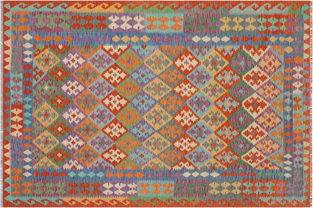 handmade Geometric Kilim Rust Blue Hand-Woven RECTANGLE 100% WOOL area rug 6 x 8