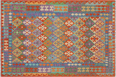 handmade Geometric Kilim Rust Blue Hand-Woven RECTANGLE 100% WOOL area rug 6 x 8