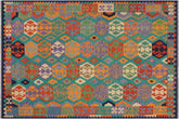 6x8 hand woven Turkish Kilim wool rug in green and blue - Chic Levy Turkish