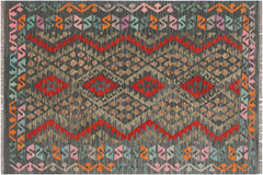 handmade Geometric Kilim Charcoal Red Hand-Woven RECTANGLE 100% WOOL area rug 4' x 6'