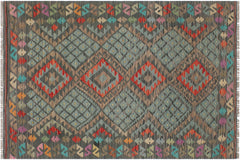 handmade Geometric Kilim Green Red Hand-Woven RECTANGLE 100% WOOL area rug 4' x 6'