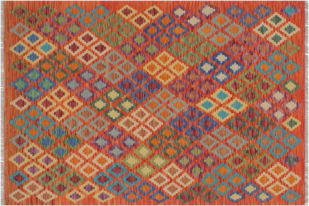 handmade Geometric Kilim Rust Blue Hand-Woven RECTANGLE 100% WOOL area rug 5x6
