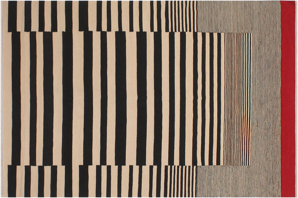 handmade Modern Kilim Beige Black Hand-Woven RECTANGLE 100% WOOL area rug 6x8