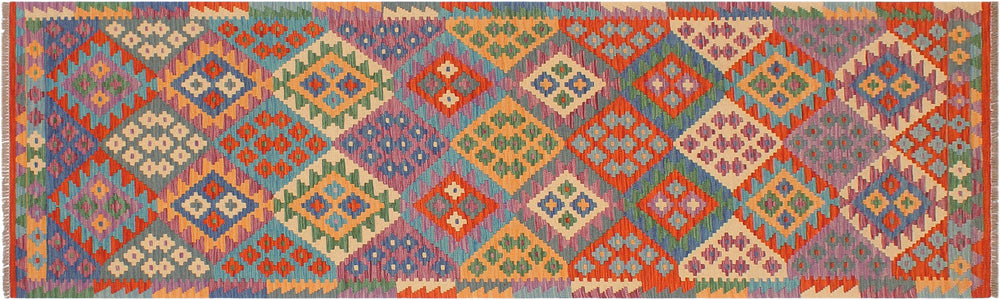 handmade Geometric Kilim Blue Rust Hand-Woven RUNNER 100% WOOL area rug 3 x 10