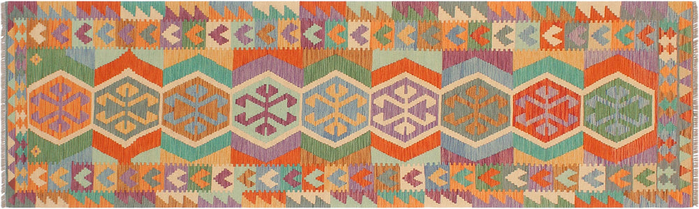 handmade Geometric Kilim Blue Rust Hand-Woven RUNNER 100% WOOL area rug 3' x 10'