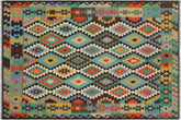 6x8 hand woven Turkish Kilim wool rug in blue and brown - Chic Kam Turkish