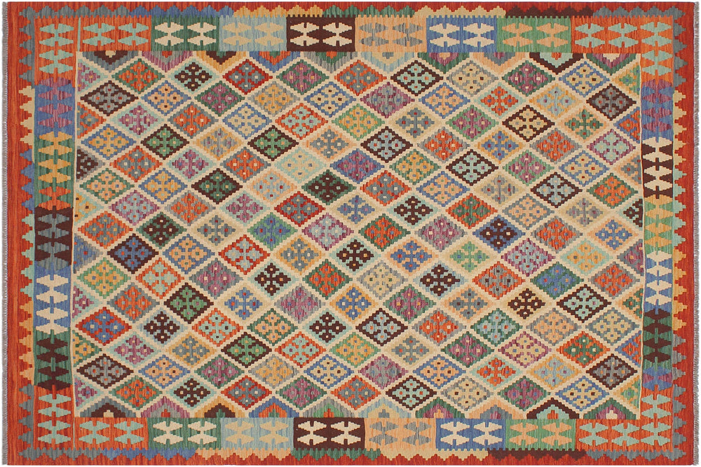 handmade Geometric Kilim Beige Rust Hand-Woven RECTANGLE 100% WOOL area rug 6 x 8