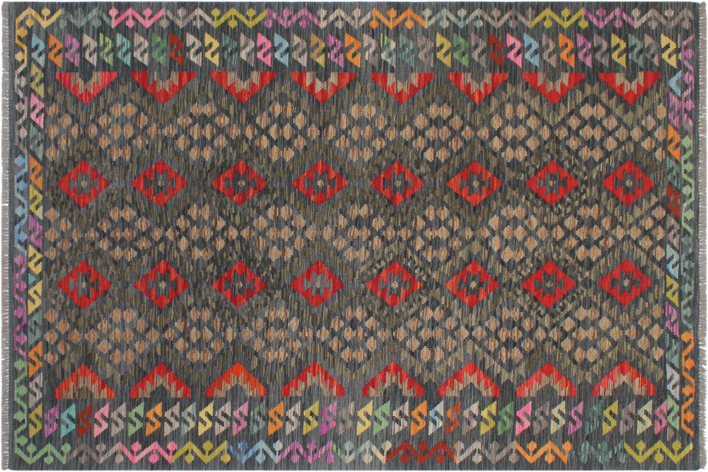 handmade Geometric Kilim Red Green Hand-Woven RECTANGLE 100% WOOL area rug 6 x 8