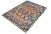 7x9 hand woven Turkish Kilim wool rug in blue and rust - Chic Chelsey Turkish