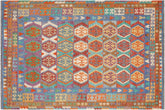 7x10 hand woven Turkish Kilim wool rug in red and blue - Chic Robbie Turkish