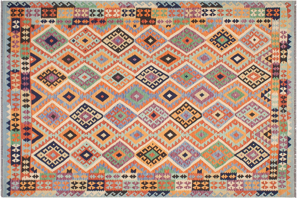 handmade Geometric Kilim Rust Blue Hand-Woven RECTANGLE 100% WOOL area rug 8 x 10