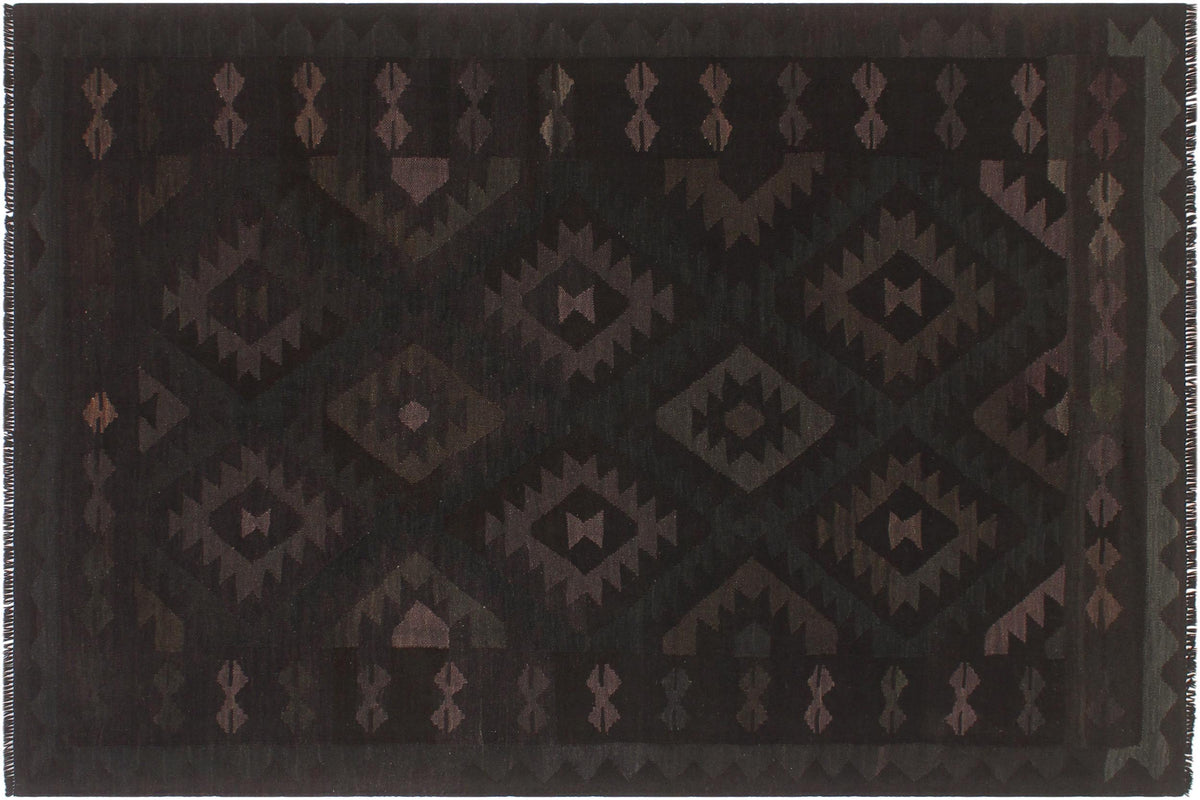 handmade Modern Kilim Black Blue Hand-Woven RECTANGLE 100% WOOL area rug 5' x 7'