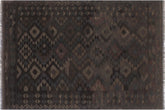 6x8 hand woven Turkish Flat Weave Kilim wool rug in black and brown - Chic Turkish Tomika