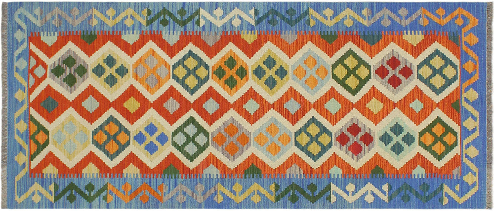 handmade Geometric Kilim Rust Blue Hand-Woven RUNNER 100% WOOL area rug 3 x 6