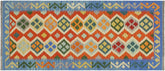 3x6 hand woven Turkish Kilim wool runner rug in rust and blue - Rustic Ryan Turkish