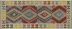 handmade Geometric Kilim Blue Beige Hand-Woven RUNNER 100% WOOL area rug 3' x 6'