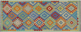 3x7 hand woven Turkish Kilim wool runner rug in blue and orange - Tribal Moore Turkish
