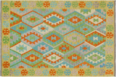 handmade Geometric Kilim Blue Gold Hand-Woven RECTANGLE 100% WOOL area rug 4 x 6