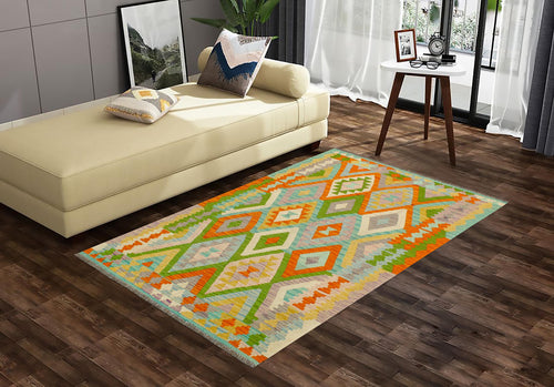 handmade Geometric Kilim Blue Orange Hand-Woven RECTANGLE 100% WOOL area rug 4 x 6