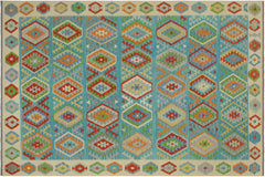 handmade Geometric Kilim Blue Beige Hand-Woven RECTANGLE 100% WOOL area rug 8 x 9
