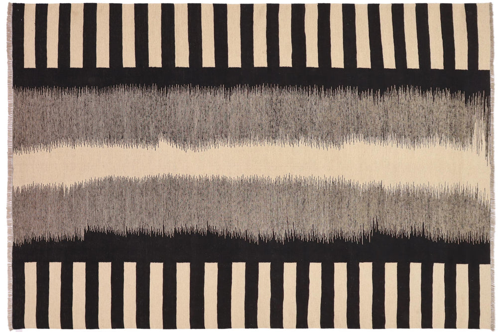 handmade Modern Kilim Beige Black Hand-Woven RECTANGLE 100% WOOL area rug 8' x 10'