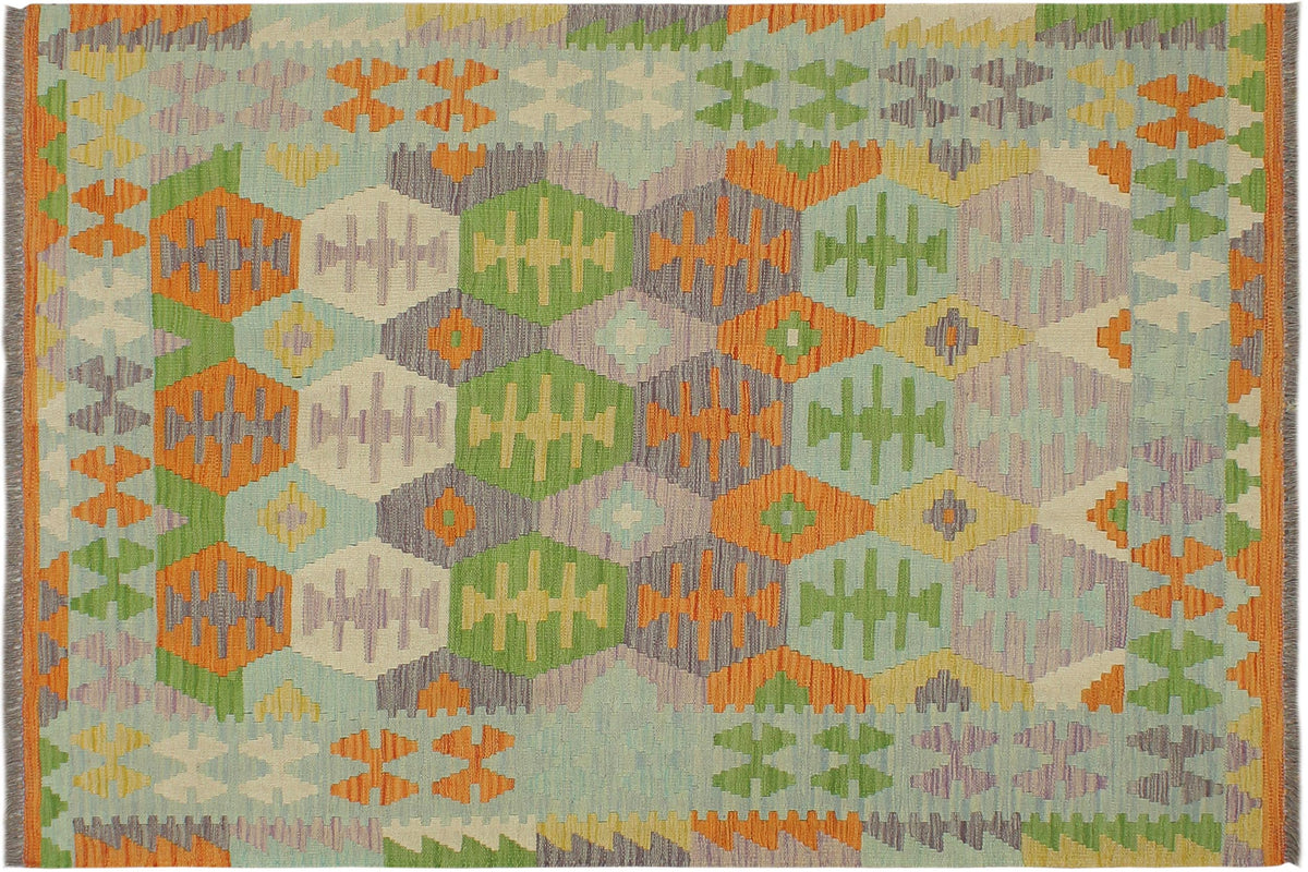 handmade Geometric Kilim Blue Beige Hand-Woven RECTANGLE 100% WOOL area rug 4 x 6