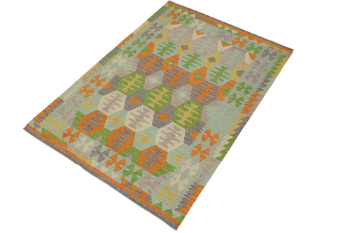 handmade Geometric Kilim Blue Beige Hand-Woven RECTANGLE 100% WOOL area rug 4 x 6