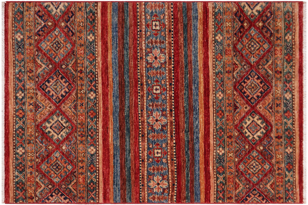 handmade Geometric Kurjean Red Blue Hand Knotted RECTANGLE 100% WOOL area rug 3x4