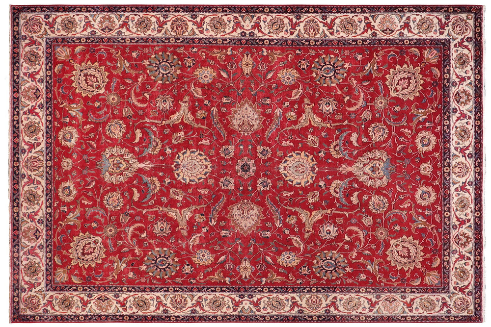 handmade Vintage Tabriz Red Beige Hand Knotted RECTANGLE 100% WOOL area rug 10' x 13'