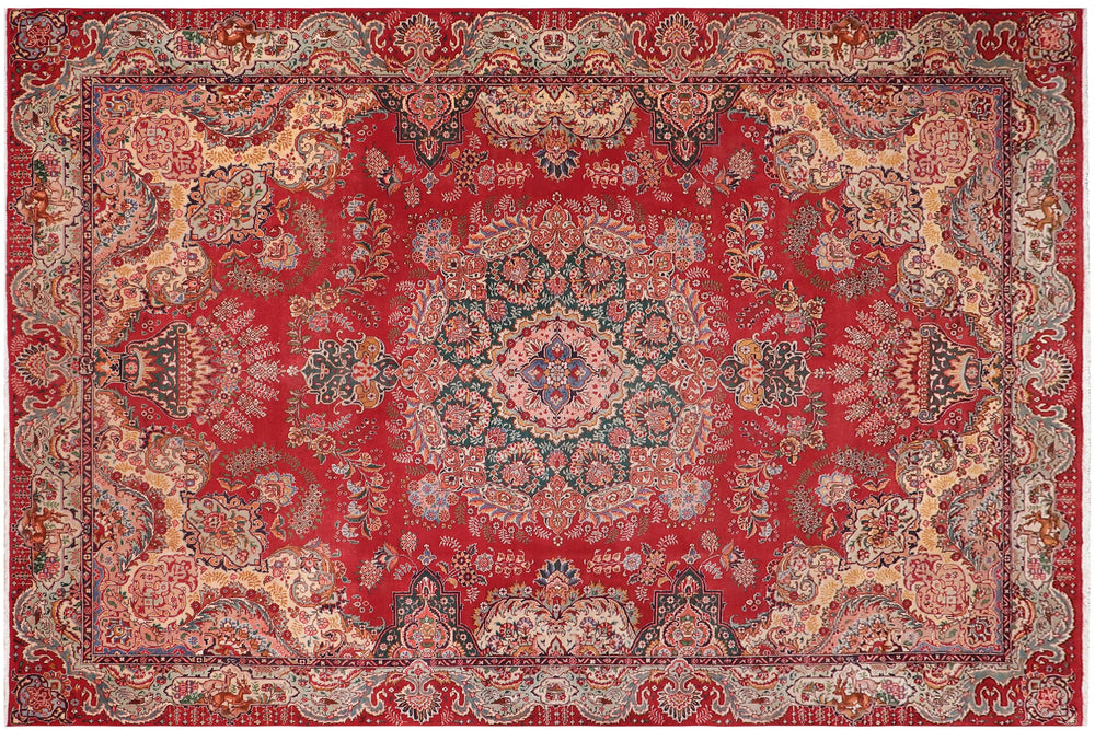 handmade Vintage Tabriz Red Green Hand Knotted RECTANGLE 100% WOOL area rug 10' x 13'