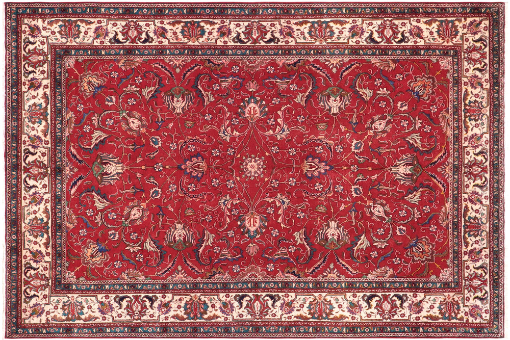 handmade Vintage Tabriz Red Beige Hand Knotted RECTANGLE 100% WOOL area rug 9' x 12'