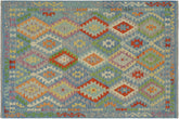 5x7 hand woven Turkish Kilim wool rug in blue and rust - Chic Spencer Turkish