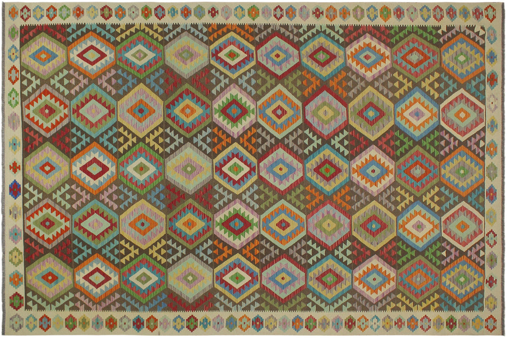 handmade Geometric Kilim Brown Beige Hand-Woven RECTANGLE 100% WOOL area rug 9 x 12