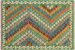 handmade Modern Kilim Green Rust Hand-Woven RECTANGLE 100% WOOL area rug 4x5