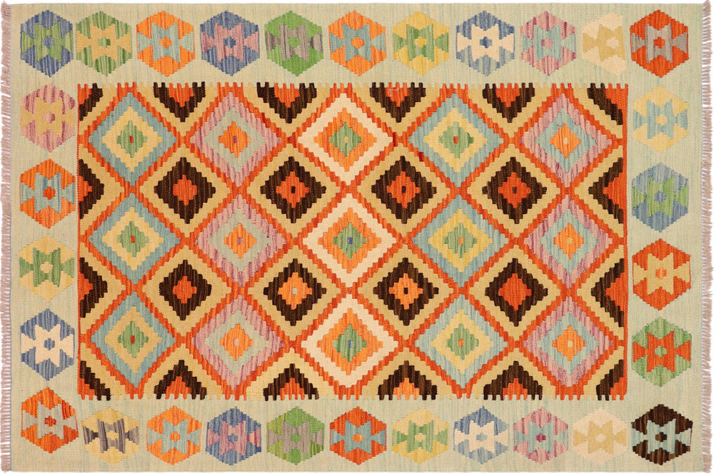 handmade Geometric Kilim Rust Blue Hand-Woven RECTANGLE 100% WOOL area rug 4 x 6