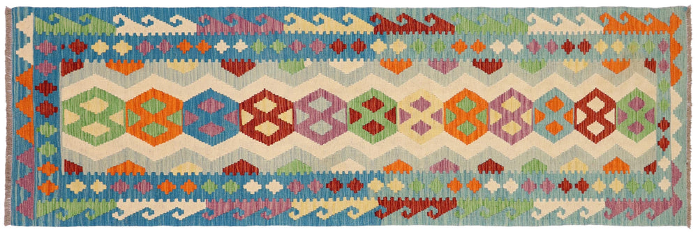 handmade Geometric Kilim Beige Blue Hand-Woven RUNNER 100% WOOL area rug 3' x 9'