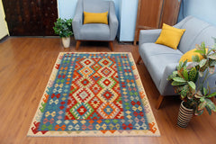 handmade Geometric Kilim Rust Blue Hand-Woven RECTANGLE 100% WOOL area rug 5x6