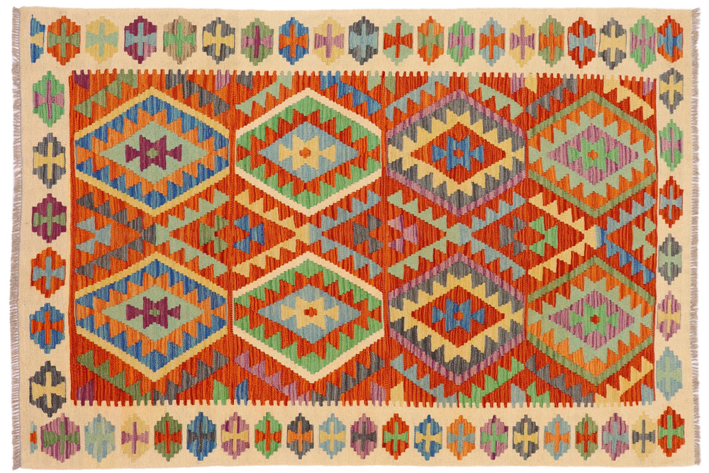 handmade Geometric Kilim Rust Beige Hand-Woven RECTANGLE 100% WOOL area rug 5x6