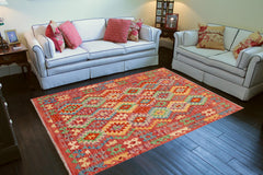 handmade Geometric Kilim Red Blue Hand-Woven RECTANGLE 100% WOOL area rug 5 x 7